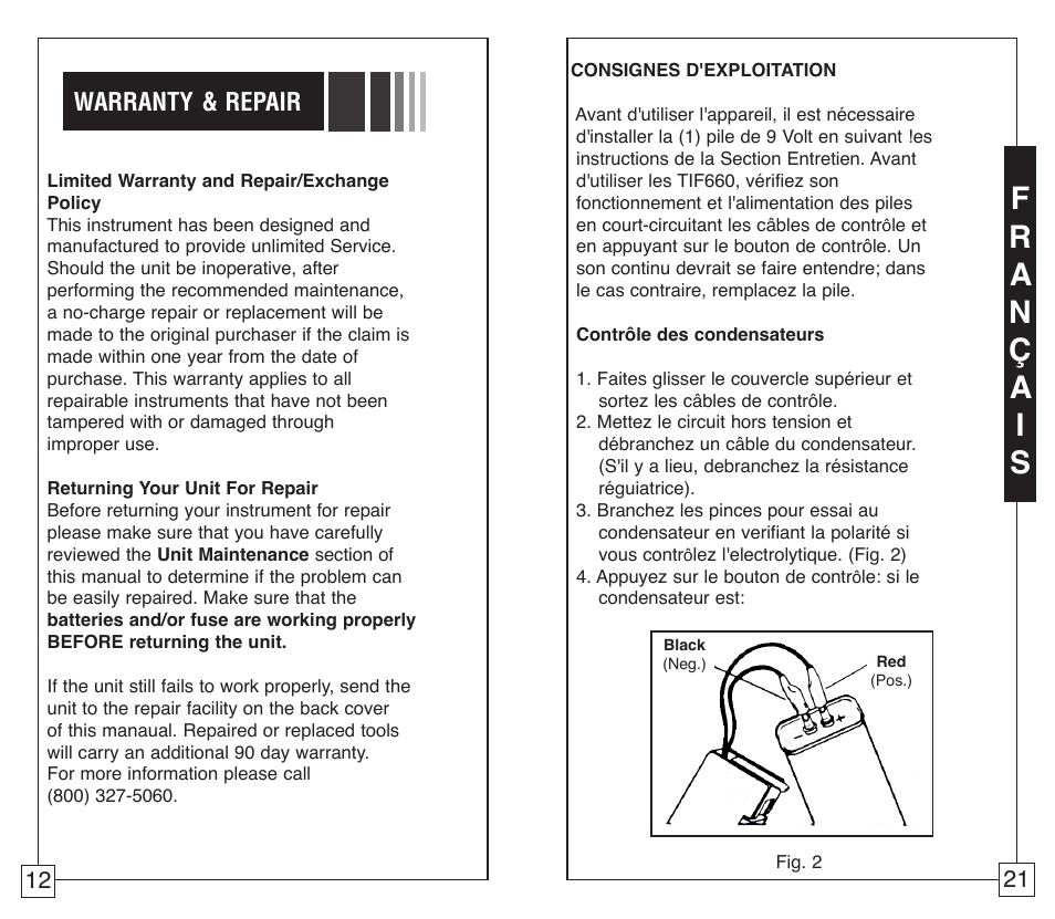 Warranty & repair | TIF 660 Capacitor Tester User Manual | Page 14 / 18