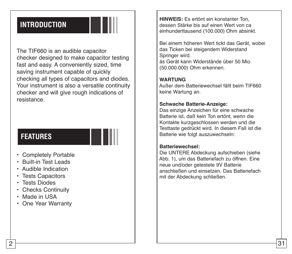 Introduction features | TIF 660 Capacitor Tester User Manual | Page 4 / 18