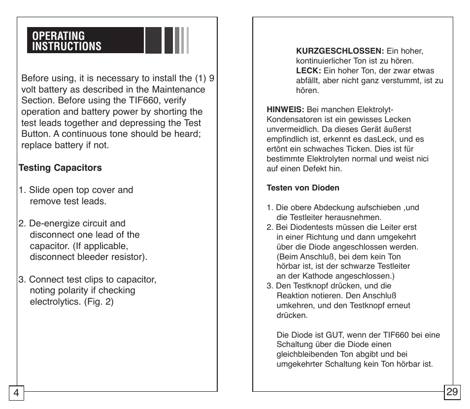 Operating instructions | TIF 660 Capacitor Tester User Manual | Page 6 / 18