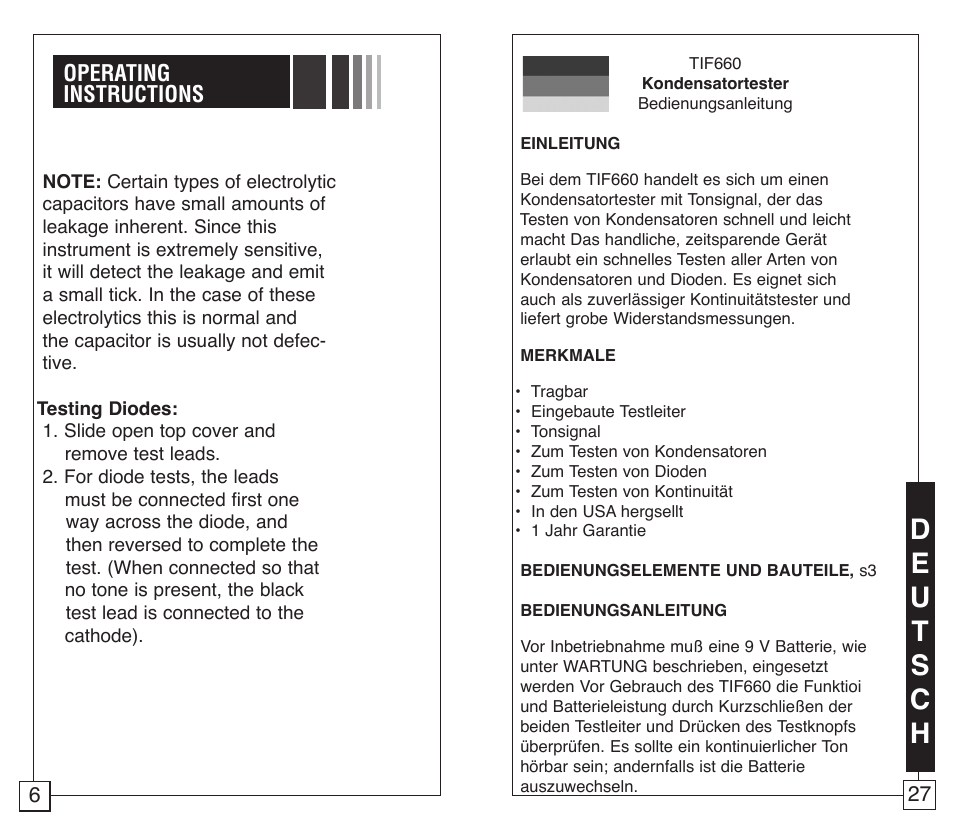 Operating instructions | TIF 660 Capacitor Tester User Manual | Page 8 / 18