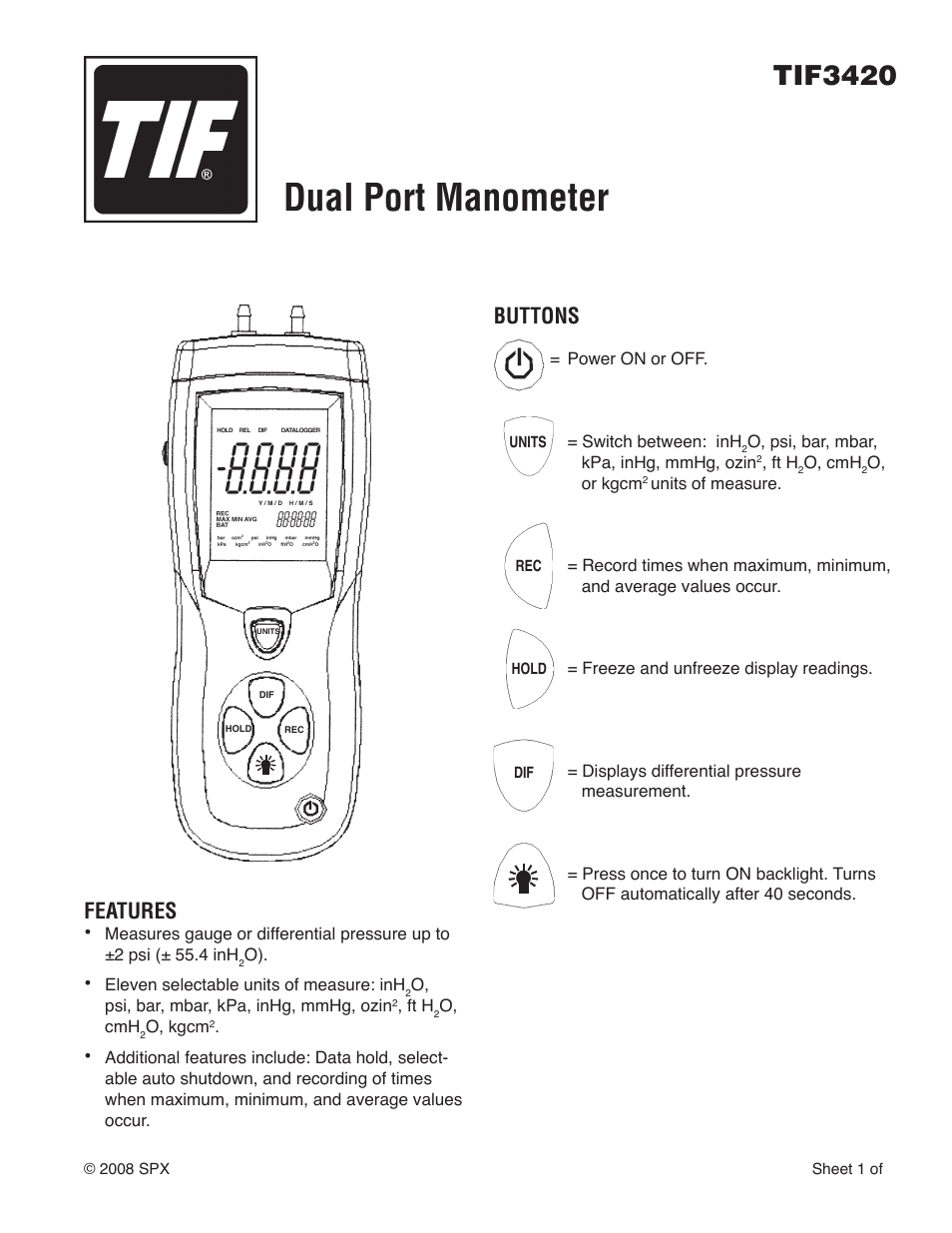 TIF 3420 Differential Pressure Meter User Manual | 4 pages