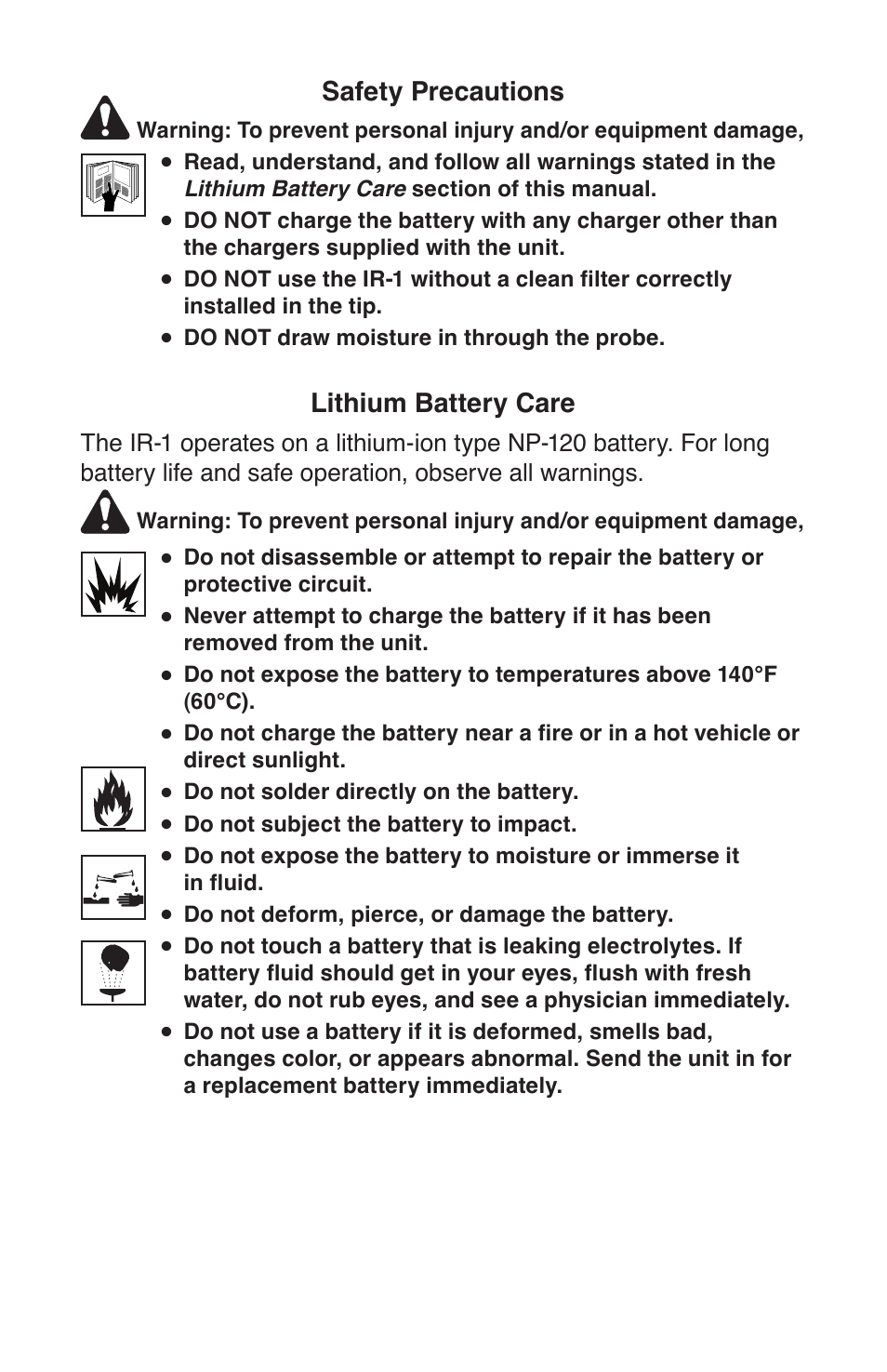 Safety precautions, Lithium battery care | TIF IR-1 Infrared Refrigerant Leak Detector User Manual | Page 3 / 8