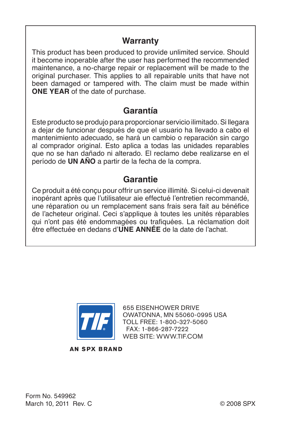 Warranty, Garantía, Garantie | TIF IR-1 Infrared Refrigerant Leak Detector User Manual | Page 8 / 8