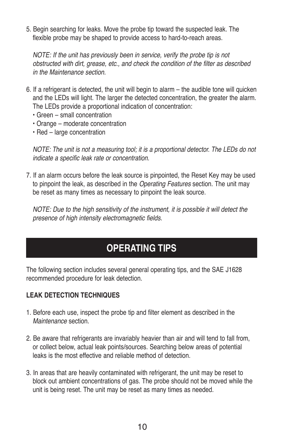 Operating tips | TIF ZX Heated Pentode Refrigerant Detector User Manual | Page 12 / 24