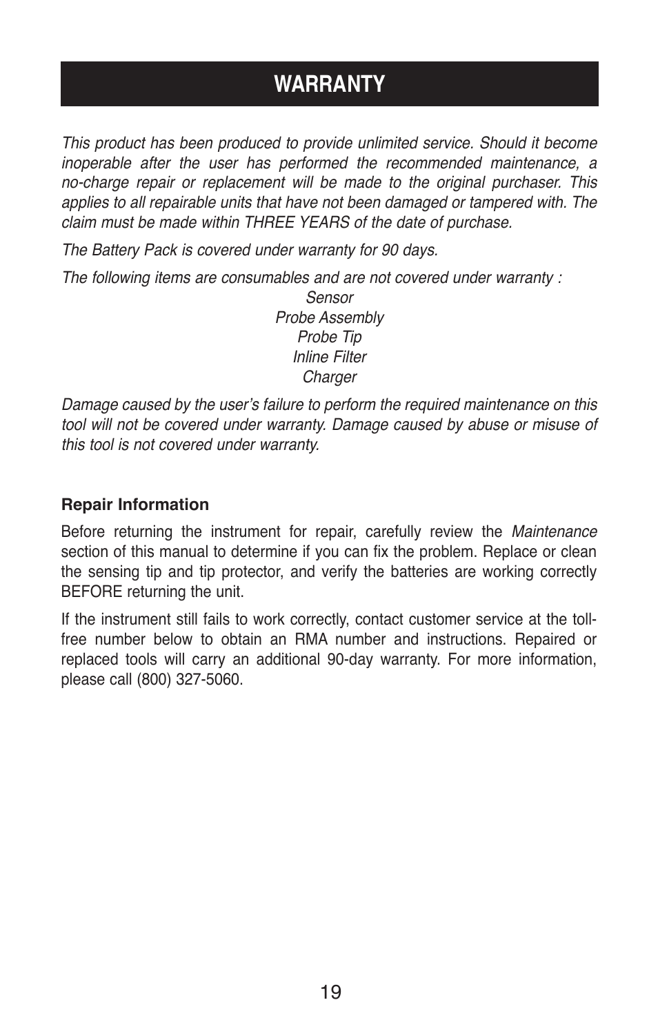 Warranty | TIF ZX Heated Pentode Refrigerant Detector User Manual | Page 21 / 24