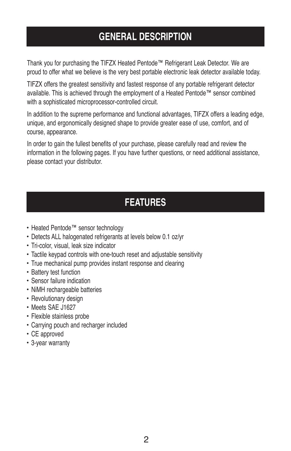 General description features | TIF ZX Heated Pentode Refrigerant Detector User Manual | Page 4 / 24