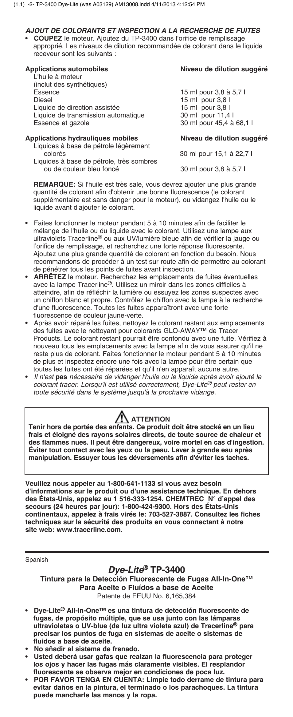 Dye-lite, Tp-3400 | Tracer TP-3400 Dye-Lite M-L AM13008 User Manual | Page 2 / 4