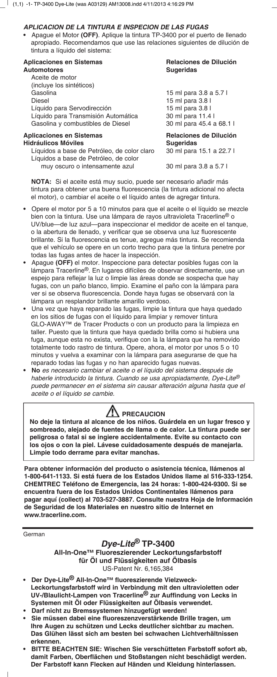 Dye-lite, Tp-3400 | Tracer TP-3400 Dye-Lite M-L AM13008 User Manual | Page 3 / 4