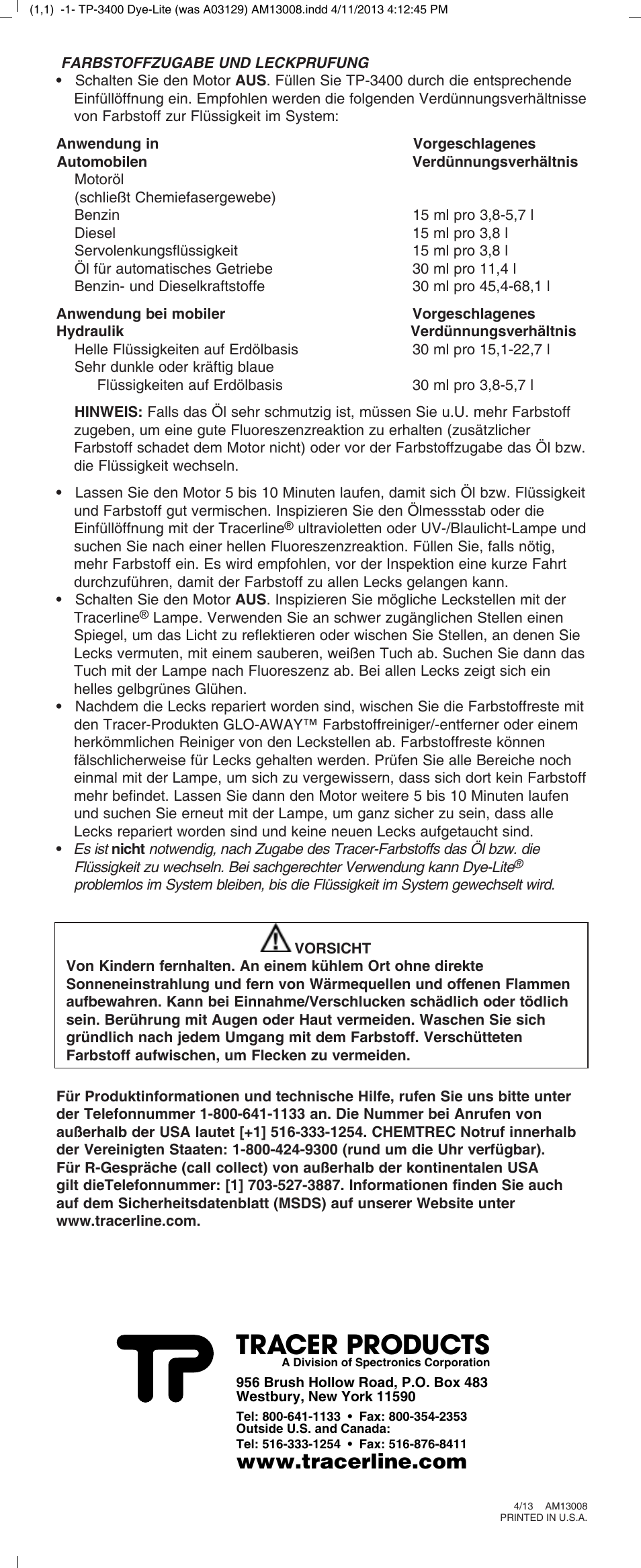 Tracer products | Tracer TP-3400 Dye-Lite M-L AM13008 User Manual | Page 4 / 4