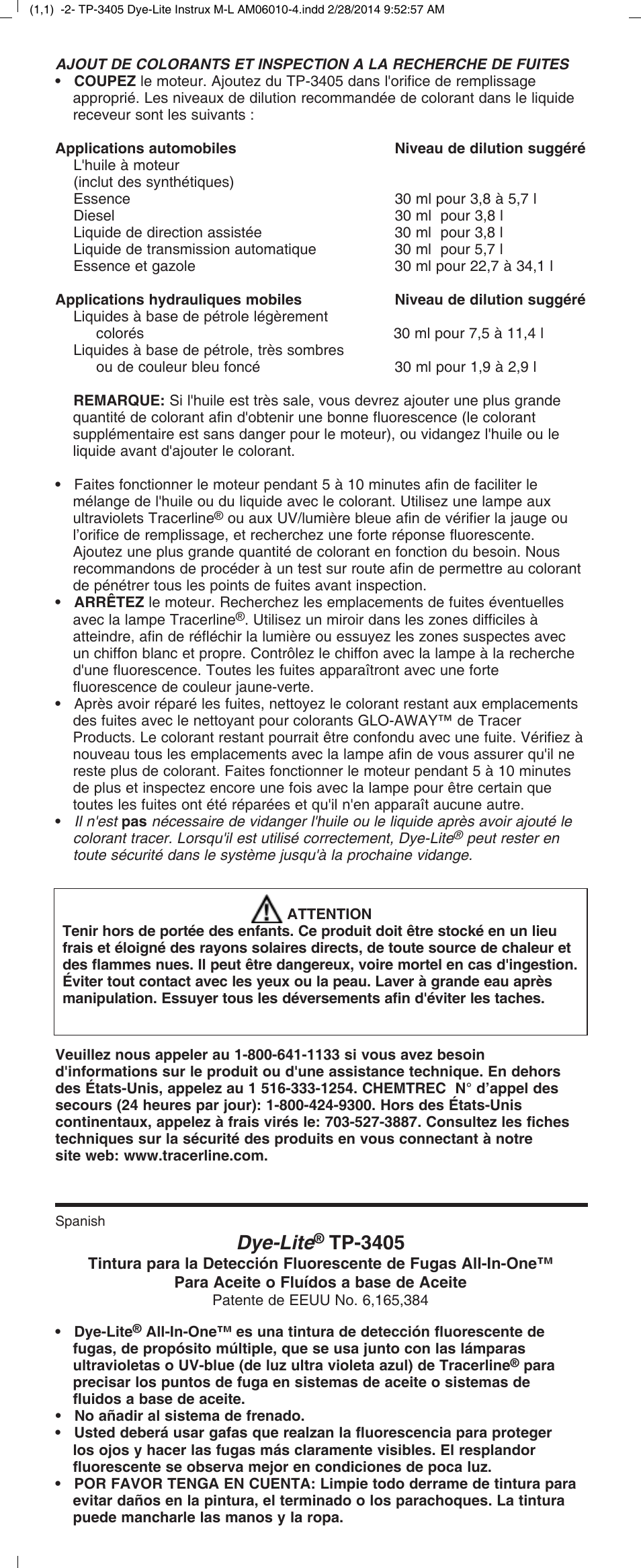 Dye-lite, Tp-3405 | Tracer TP-3405 Dye-Lite M-L AM06010-4 User Manual | Page 2 / 4