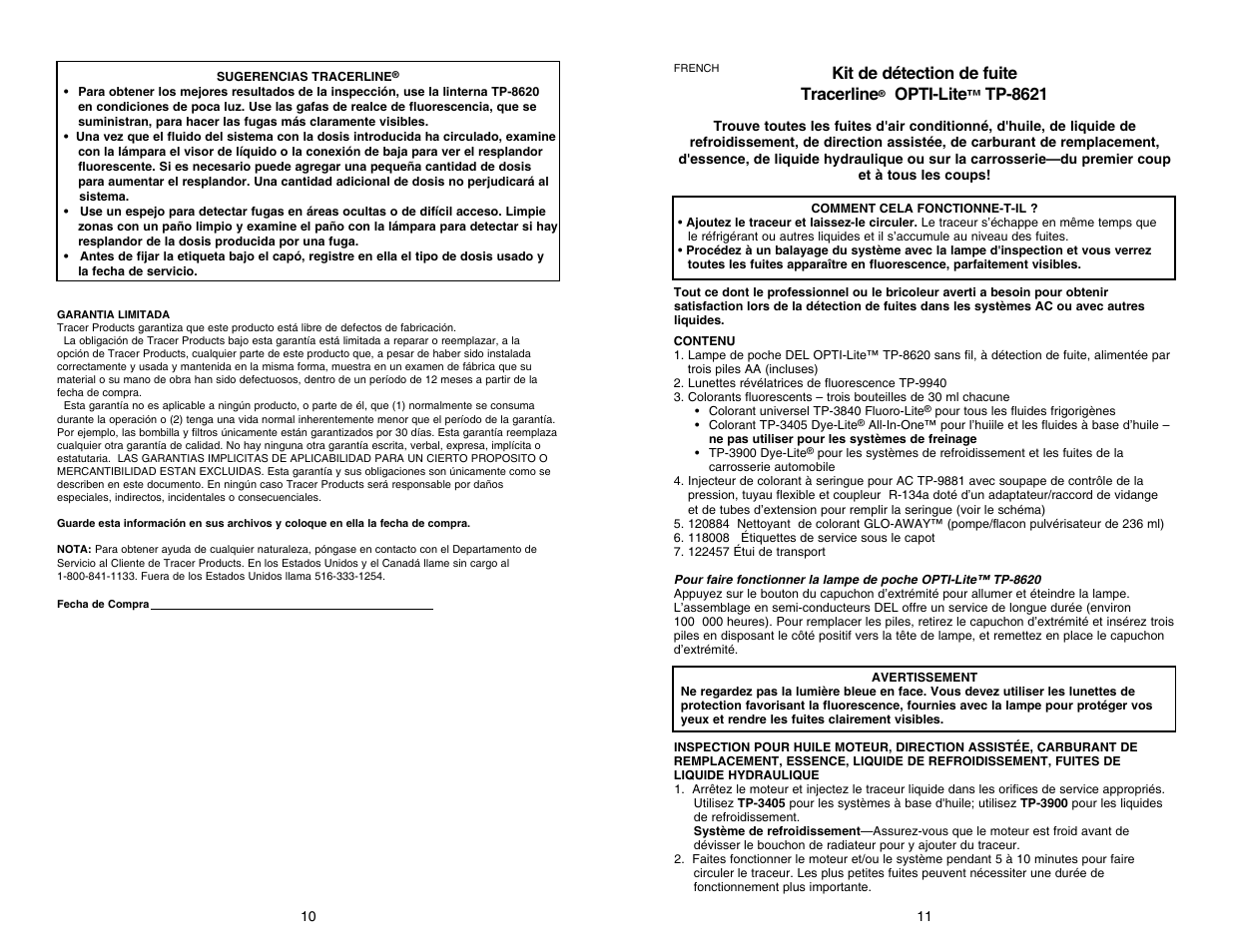 Tp-8621 opti-lite kit p9, Kit de détection de fuite tracerline, Opti-lite | Tp-8621 | Tracer TP-8621 M-L AM08032 User Manual | Page 10 / 19