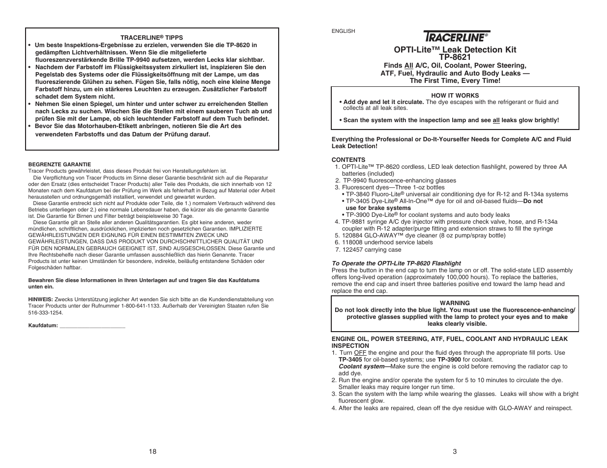 Opti-lite™ leak detection kit tp-8621 | Tracer TP-8621 M-L AM08032 User Manual | Page 18 / 19