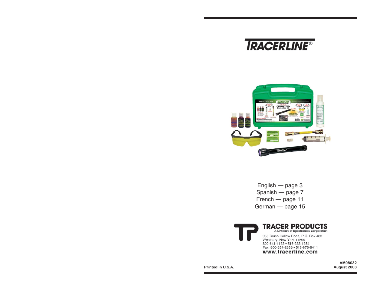 Operator’s manual, Tp-8621 opti-lite, Leak detection kit | Tracer TP-8621 M-L AM08032 User Manual | Page 19 / 19