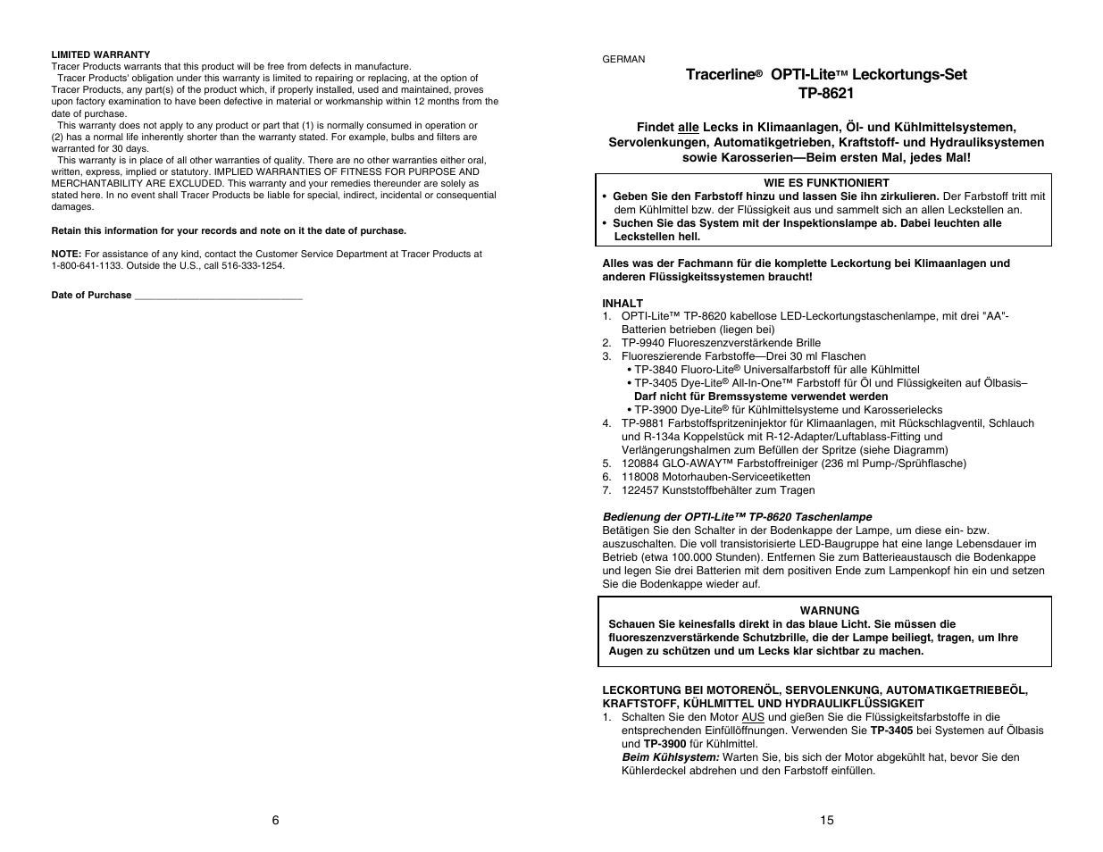 Tp-8621 opti-lite kit p5, Tracerline, Opti-lite | Leckortungs-set tp-8621 | Tracer TP-8621 M-L AM08032 User Manual | Page 6 / 19