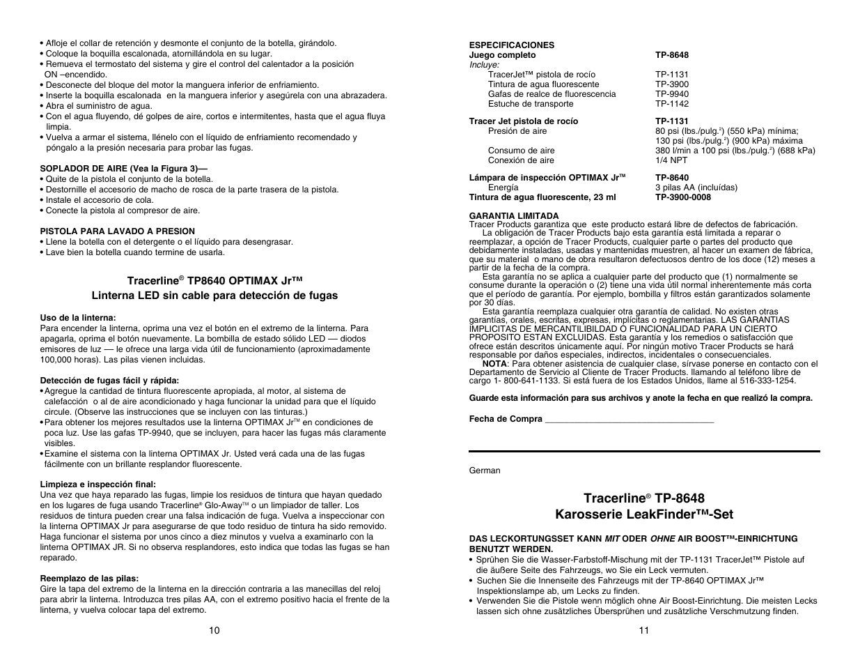 Tp-8648 leakfinder kit manual 10.pdf, Tracerline, Tp-8648 karosserie leakfinder™-set | Tracer TP-8648 Manual M-L AM06054 User Manual | Page 10 / 19