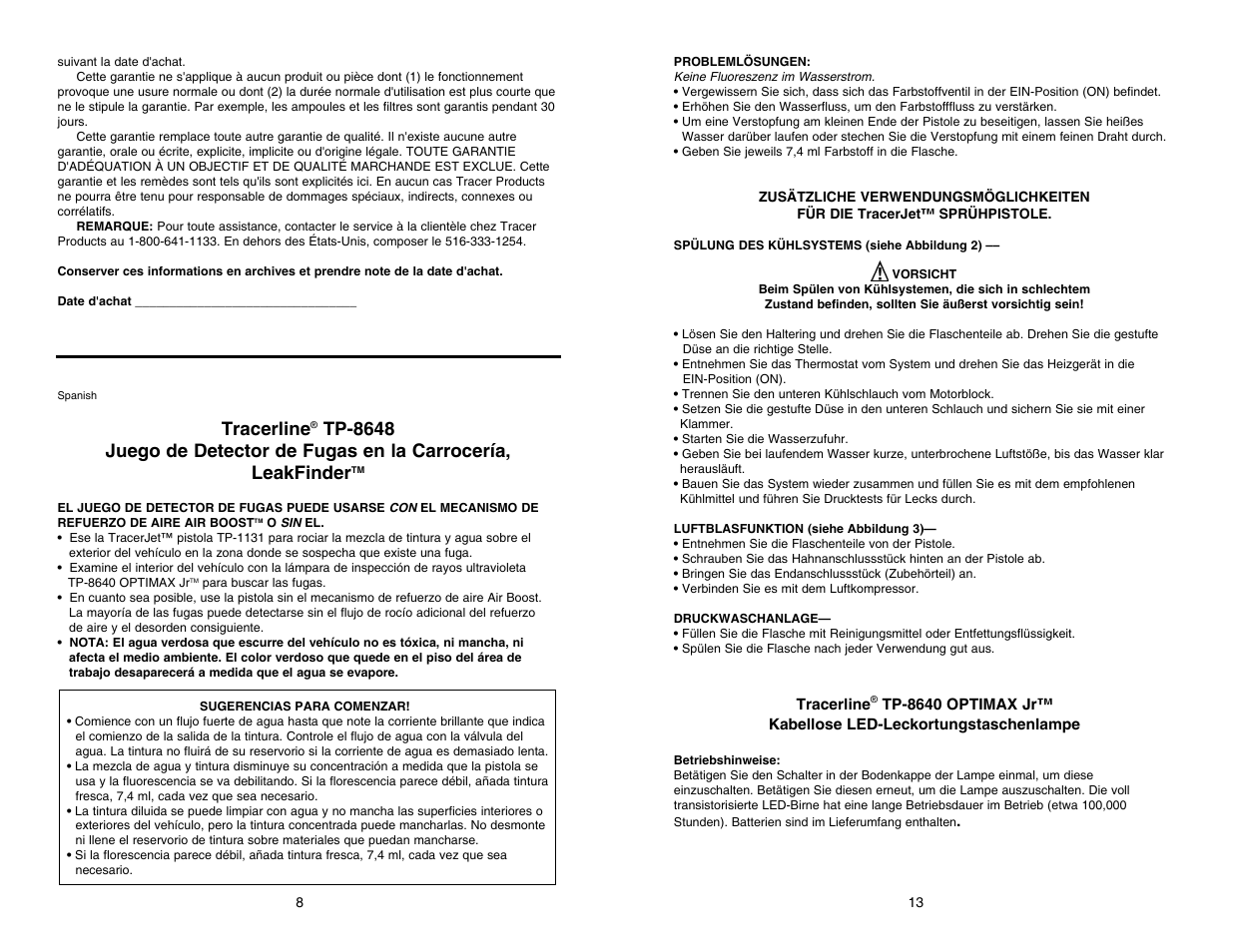 Tp-8648 leakfinder kit manual 13.pdf, Tracerline | Tracer TP-8648 Manual M-L AM06054 User Manual | Page 13 / 19