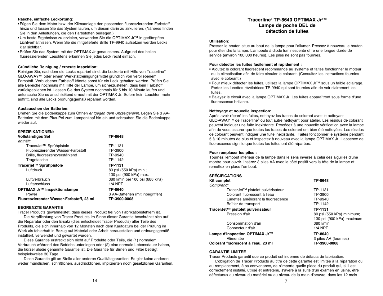 Tp-8648 leakfinder kit manual 14.pdf | Tracer TP-8648 Manual M-L AM06054 User Manual | Page 14 / 19