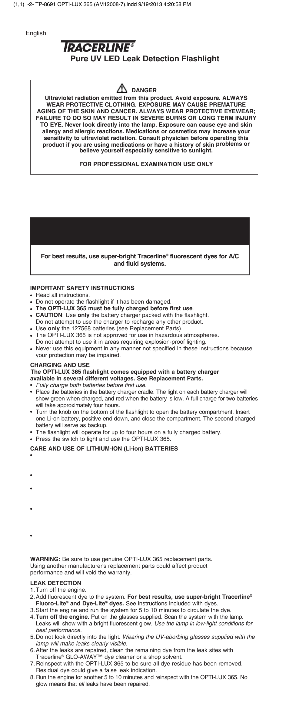 Tracer TP-8691 OPTI-LUX 365 M-L AM12008-7 User Manual | 8 pages