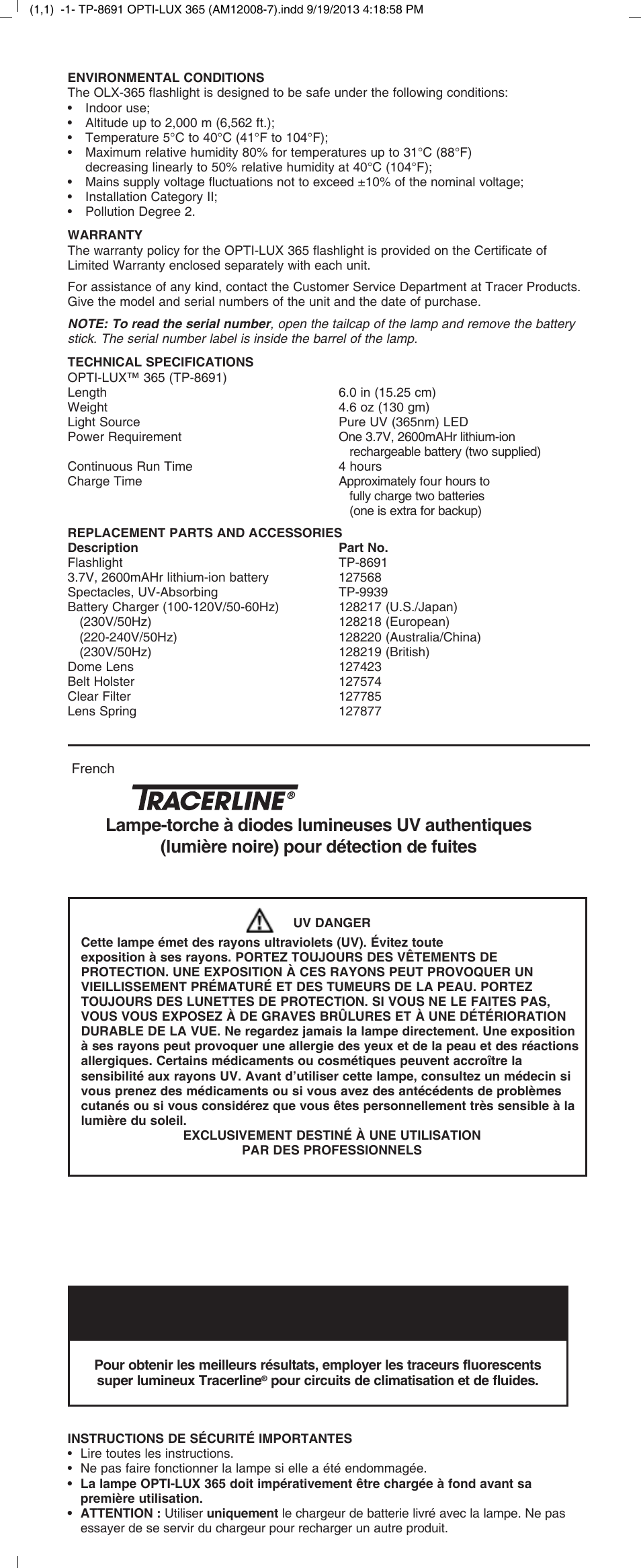 Opti-lux™ 365, Réf. : tp-8691 | Tracer TP-8691 OPTI-LUX 365 M-L AM12008-7 User Manual | Page 2 / 8