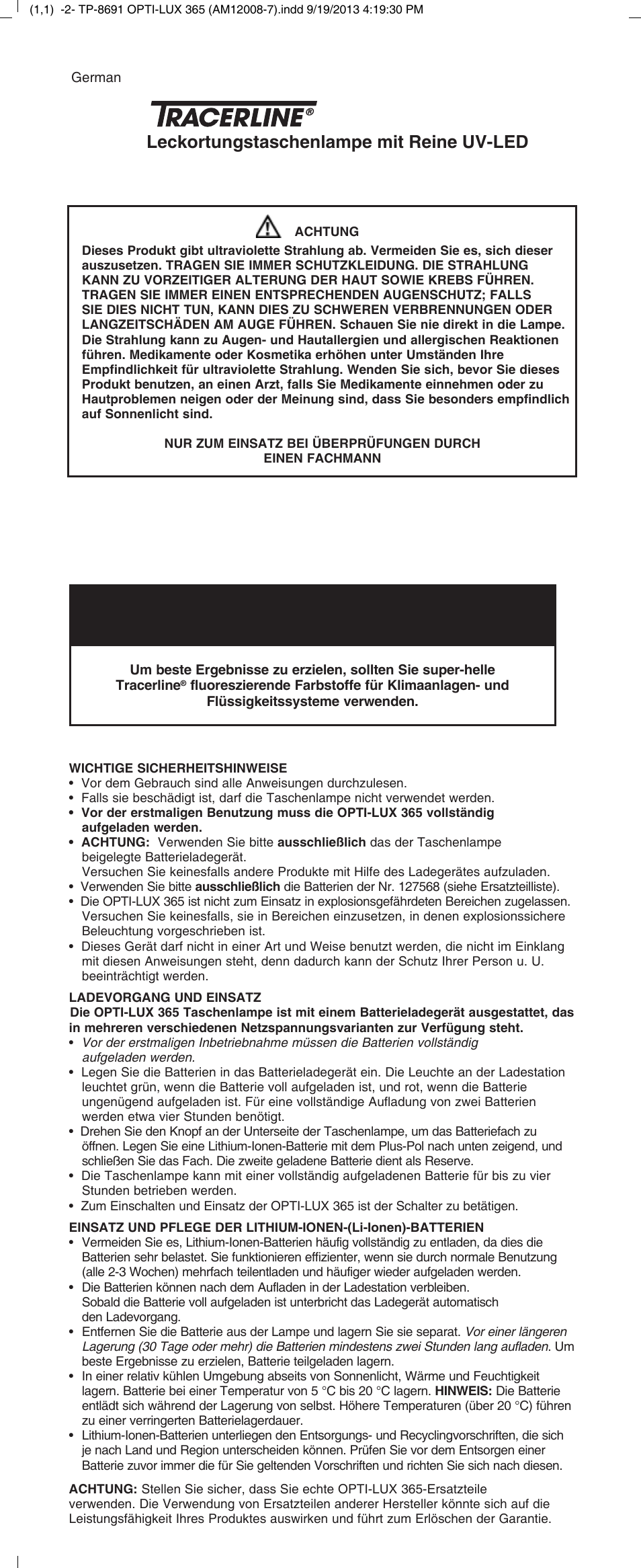 Opti-lux™ 365, Leckortungstaschenlampe mit reine uv-led, Teile-nr. tp-8691 | Tracer TP-8691 OPTI-LUX 365 M-L AM12008-7 User Manual | Page 6 / 8