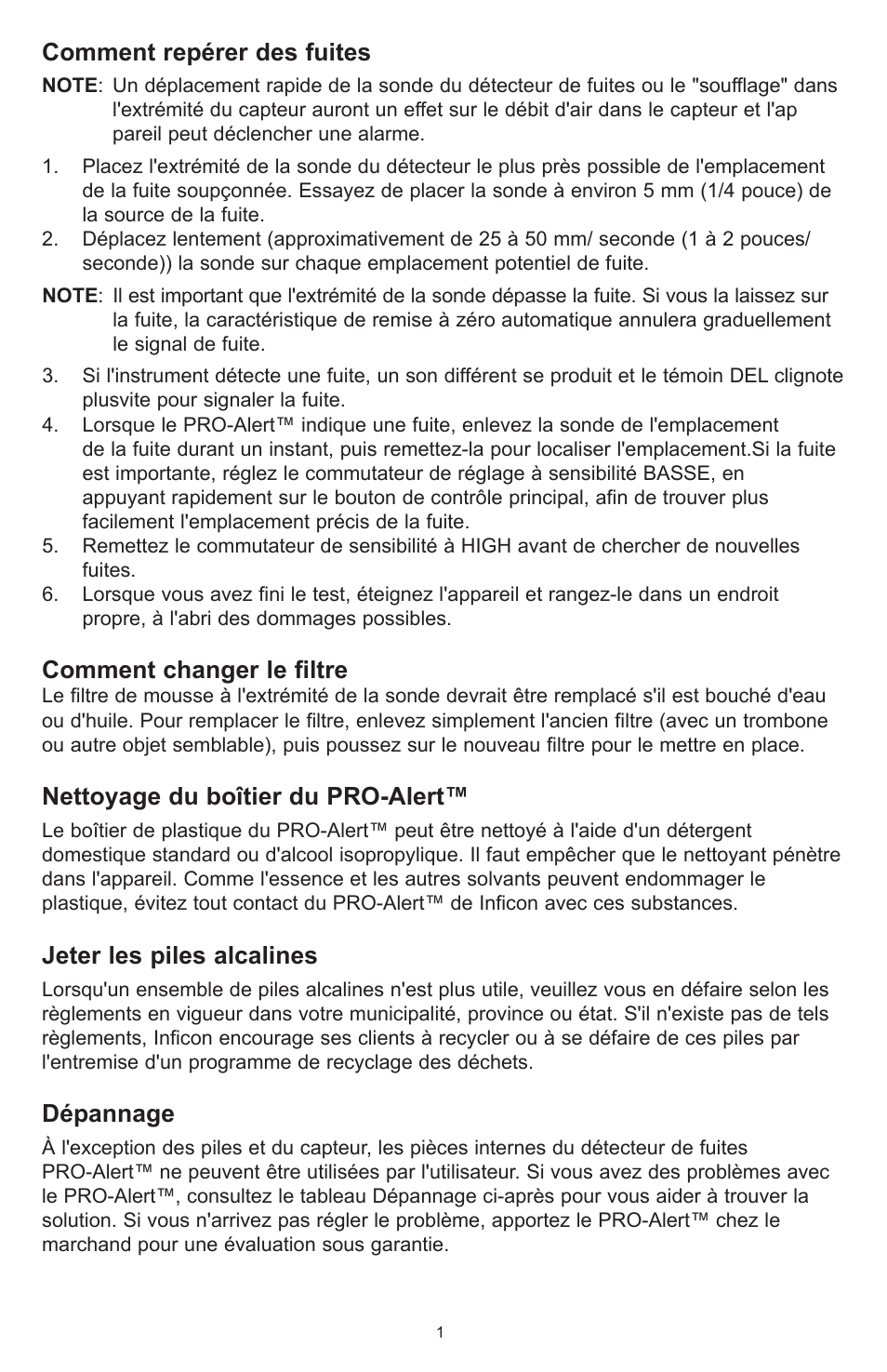 Comment repérer des fuites, Comment changer le filtre, Nettoyage du boîtier du pro-alert | Jeter les piles alcalines, Dépannage | Tracer TP-9360 PRO-Alert M-L AM06026-3 User Manual | Page 11 / 29
