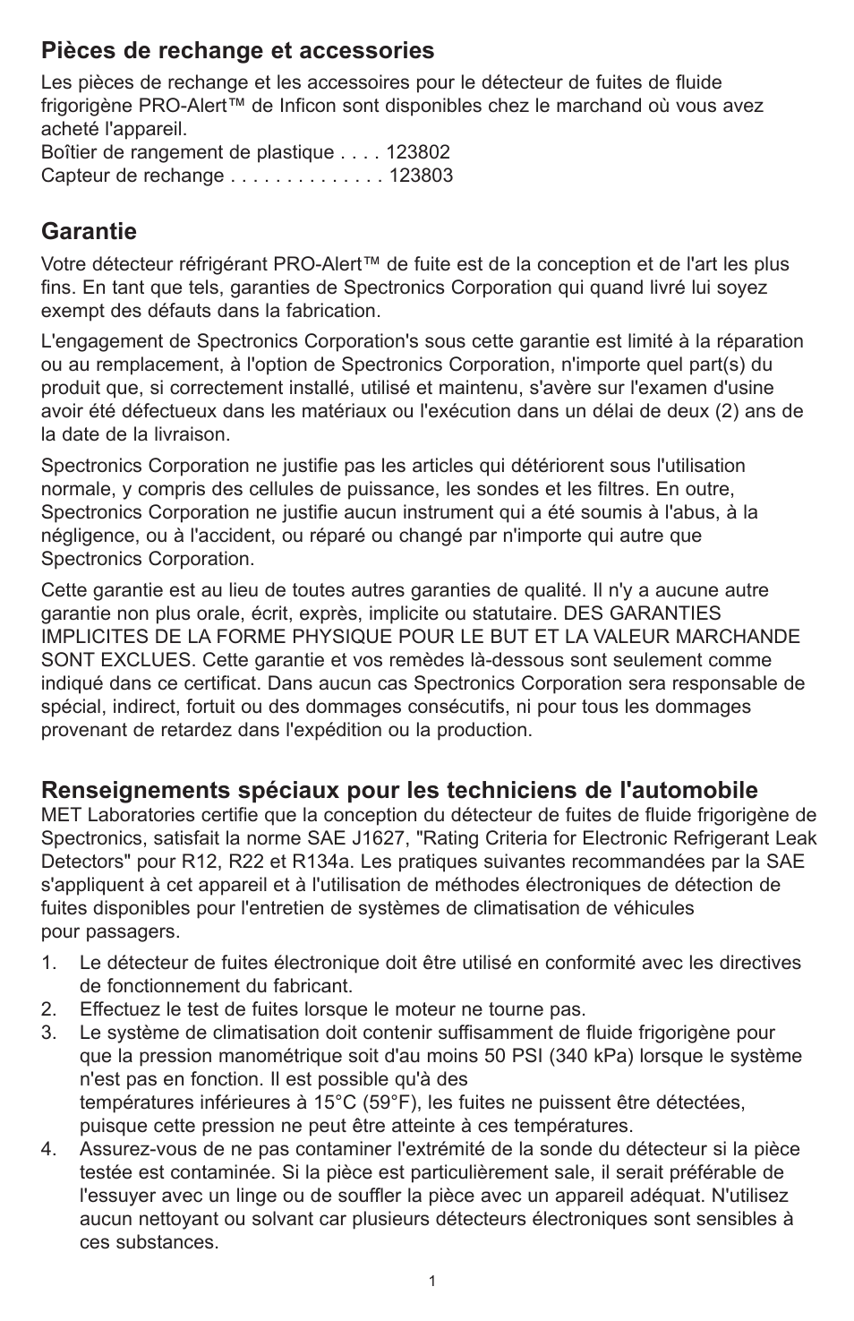 Pièces de rechange et accessories, Garantie | Tracer TP-9360 PRO-Alert M-L AM06026-3 User Manual | Page 13 / 29