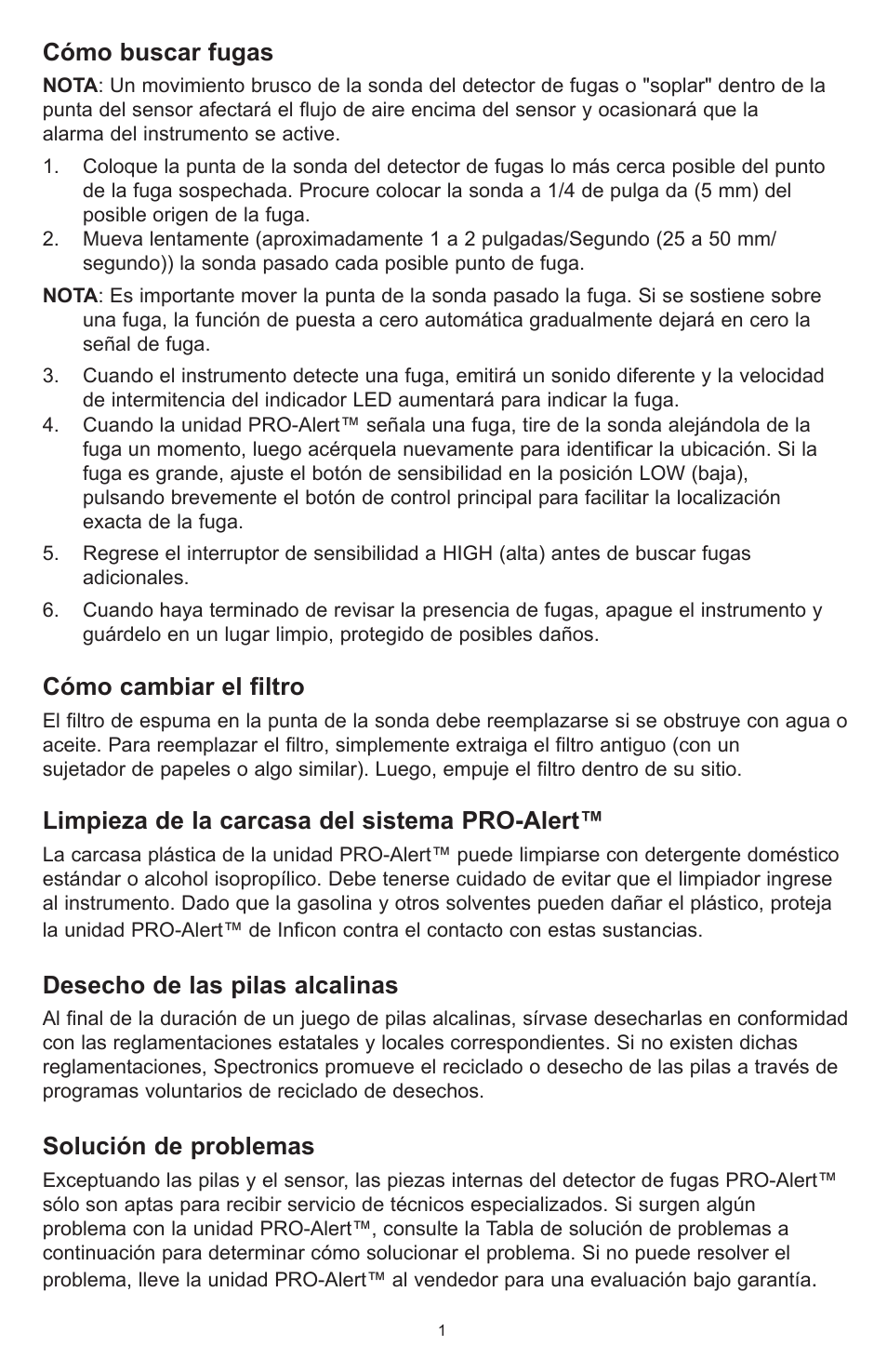 Cómo buscar fugas, Cómo cambiar el filtro, Limpieza de la carcasa del sistema pro-alert | Desecho de las pilas alcalinas, Solución de problemas | Tracer TP-9360 PRO-Alert M-L AM06026-3 User Manual | Page 18 / 29