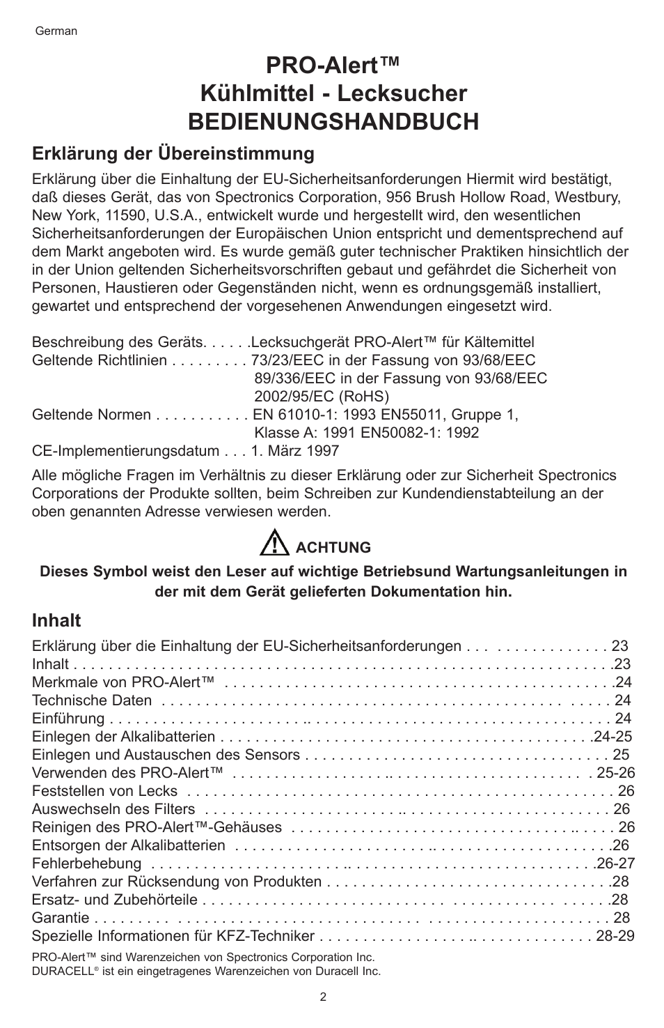 Erklärung der übereinstimmung, Inhalt | Tracer TP-9360 PRO-Alert M-L AM06026-3 User Manual | Page 22 / 29