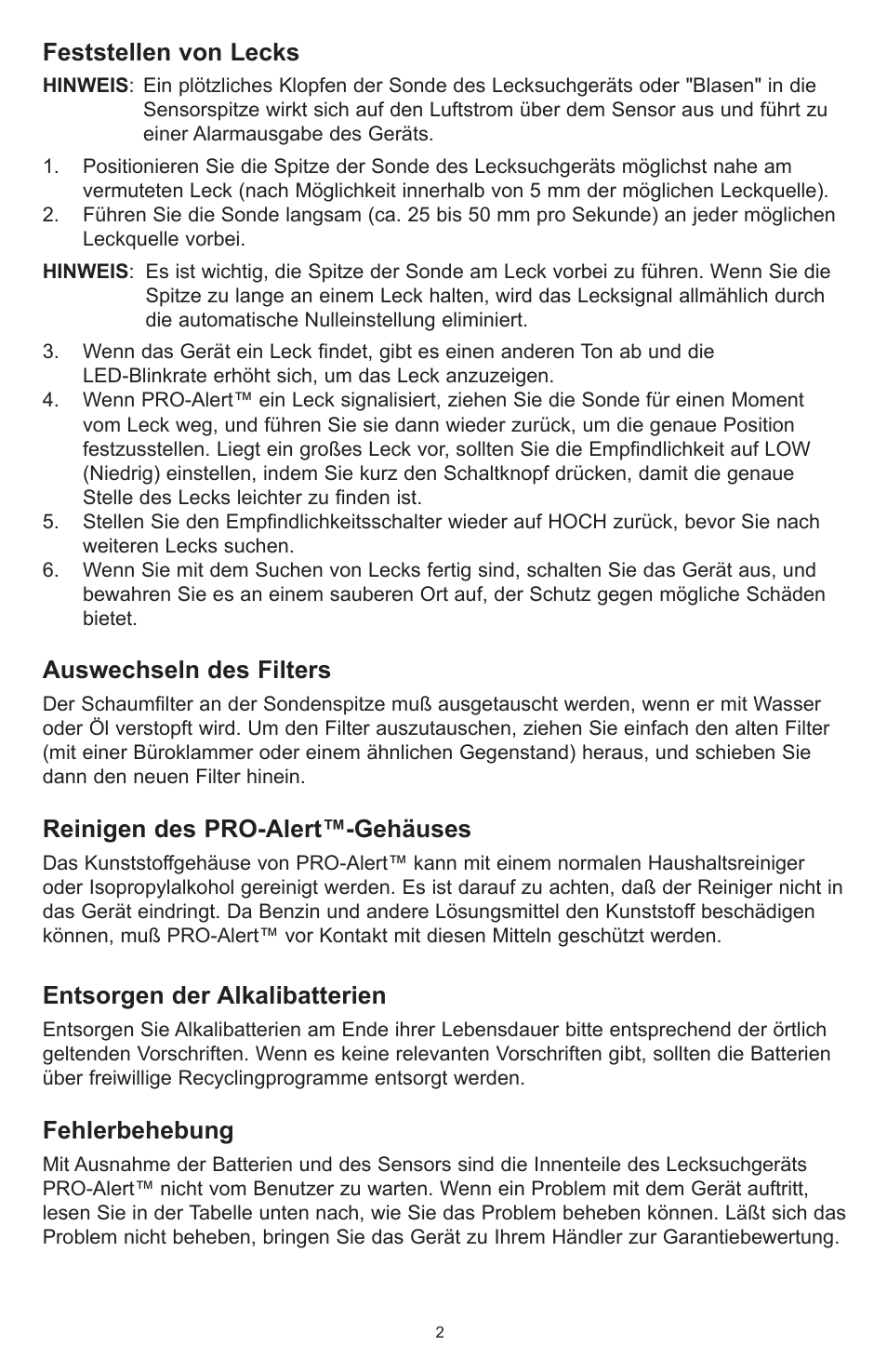 Feststellen von lecks, Auswechseln des filters, Reinigen des pro-alert™-gehäuses | Entsorgen der alkalibatterien, Fehlerbehebung | Tracer TP-9360 PRO-Alert M-L AM06026-3 User Manual | Page 25 / 29