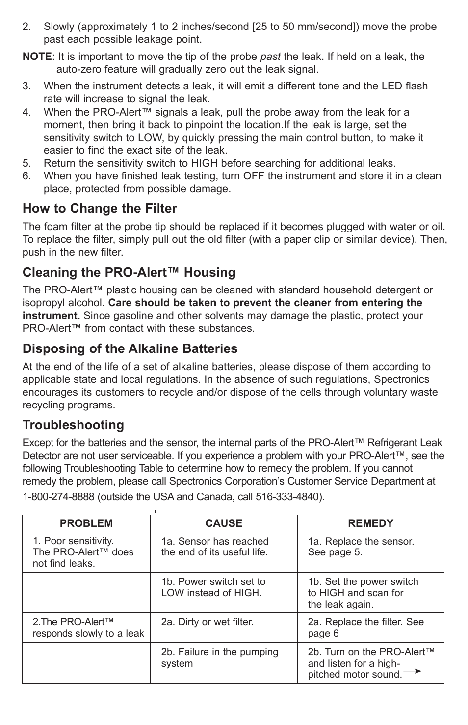 How to change the filter, Cleaning the pro-alert™ housing, Disposing of the alkaline batteries | Troubleshooting | Tracer TP-9360 PRO-Alert M-L AM06026-3 User Manual | Page 5 / 29