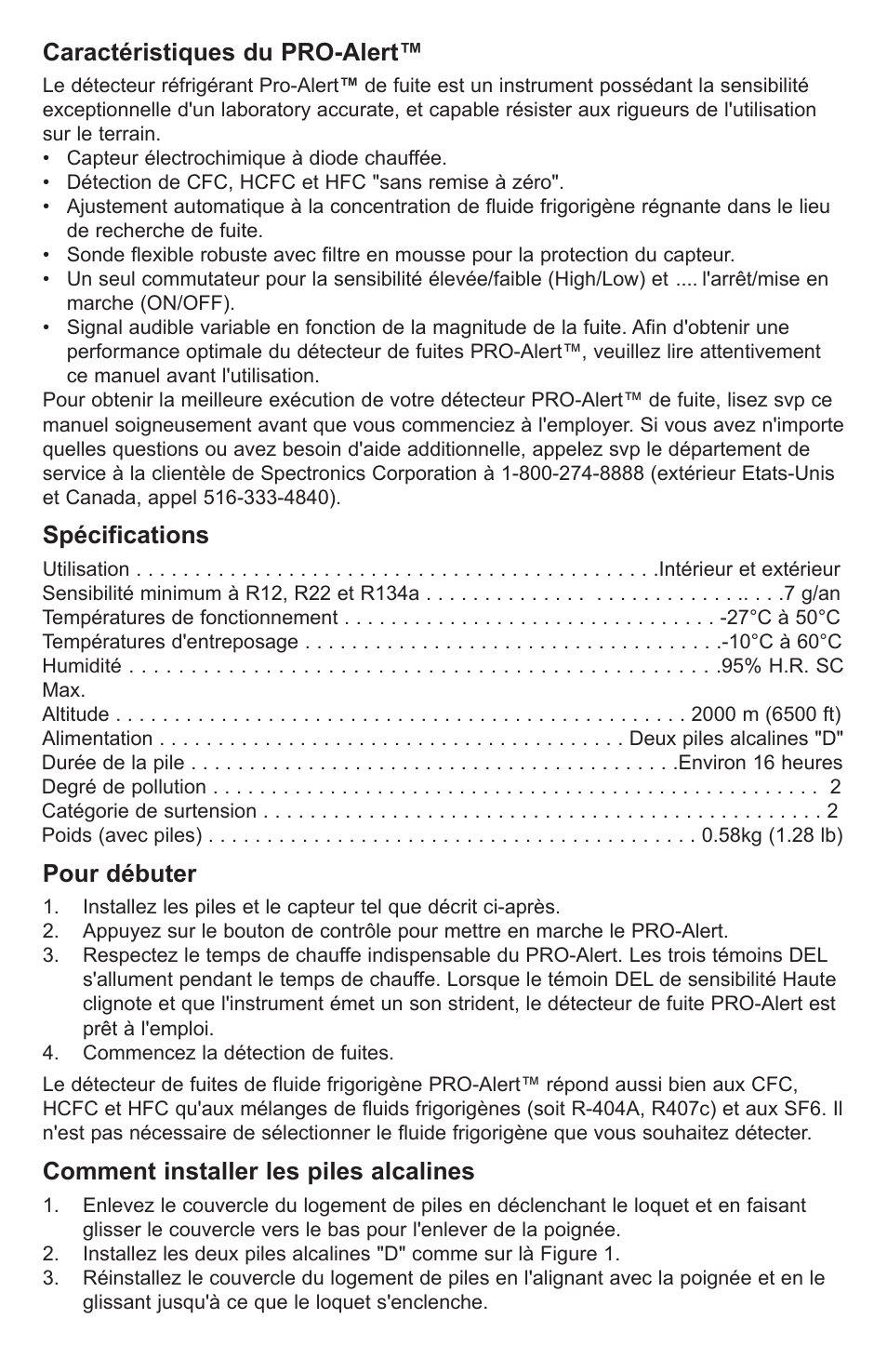 Caractéristiques du pro-alert, Spécifications, Pour débuter | Comment installer les piles alcalines | Tracer TP-9360 PRO-Alert M-L AM06026-3 User Manual | Page 9 / 29