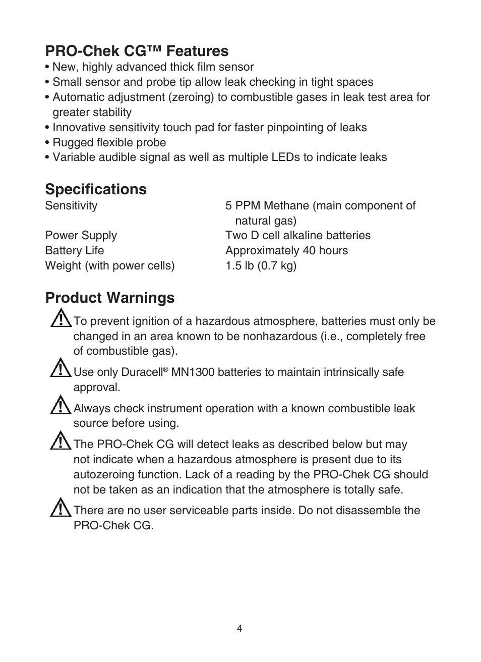 Pro-chek cg™ features, Specifications, Product warnings | Tracer TP-9363 PRO-Chek CG AM08045-4 User Manual | Page 4 / 12