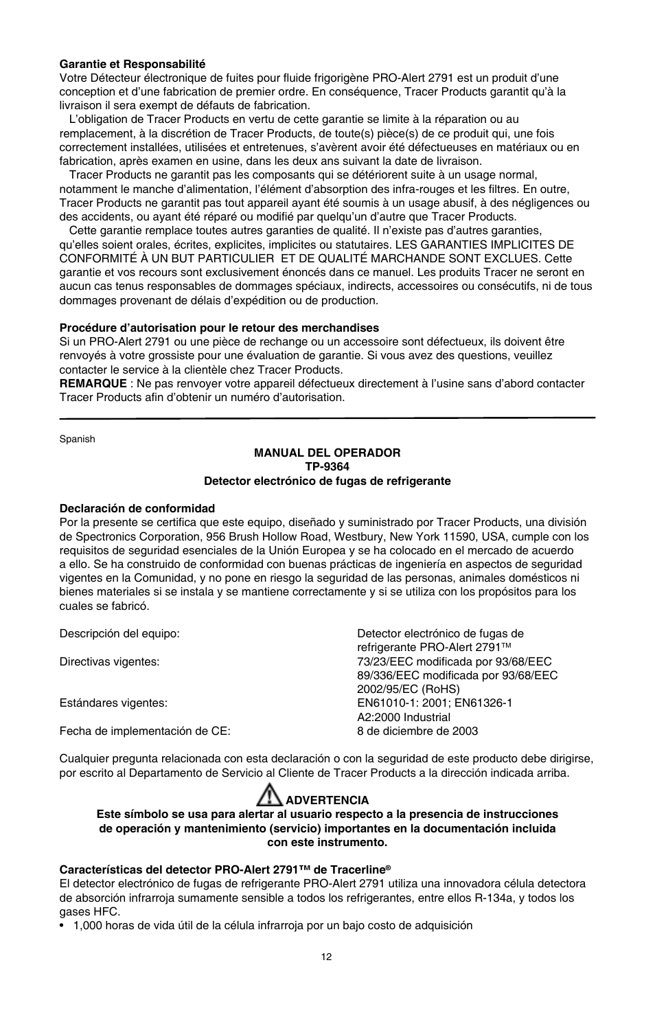 Tracer TP-9364 PRO-Alert 2791 AM08046-2 User Manual | Page 12 / 24