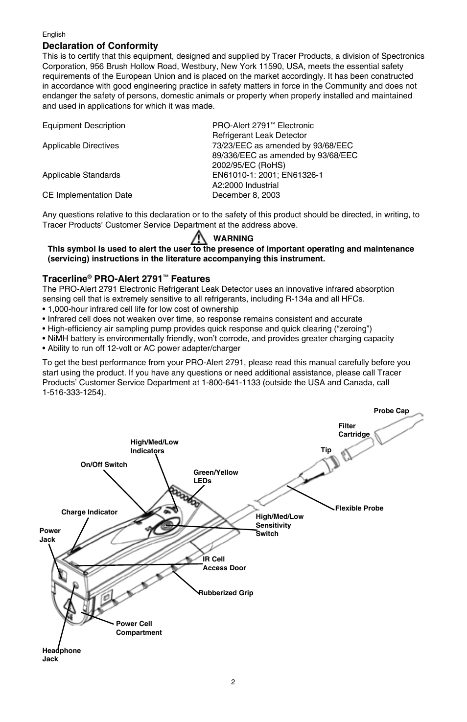 Declaration of conformity, Tracerline, Pro-alert 2791 | Features | Tracer TP-9364 PRO-Alert 2791 AM08046-2 User Manual | Page 2 / 24