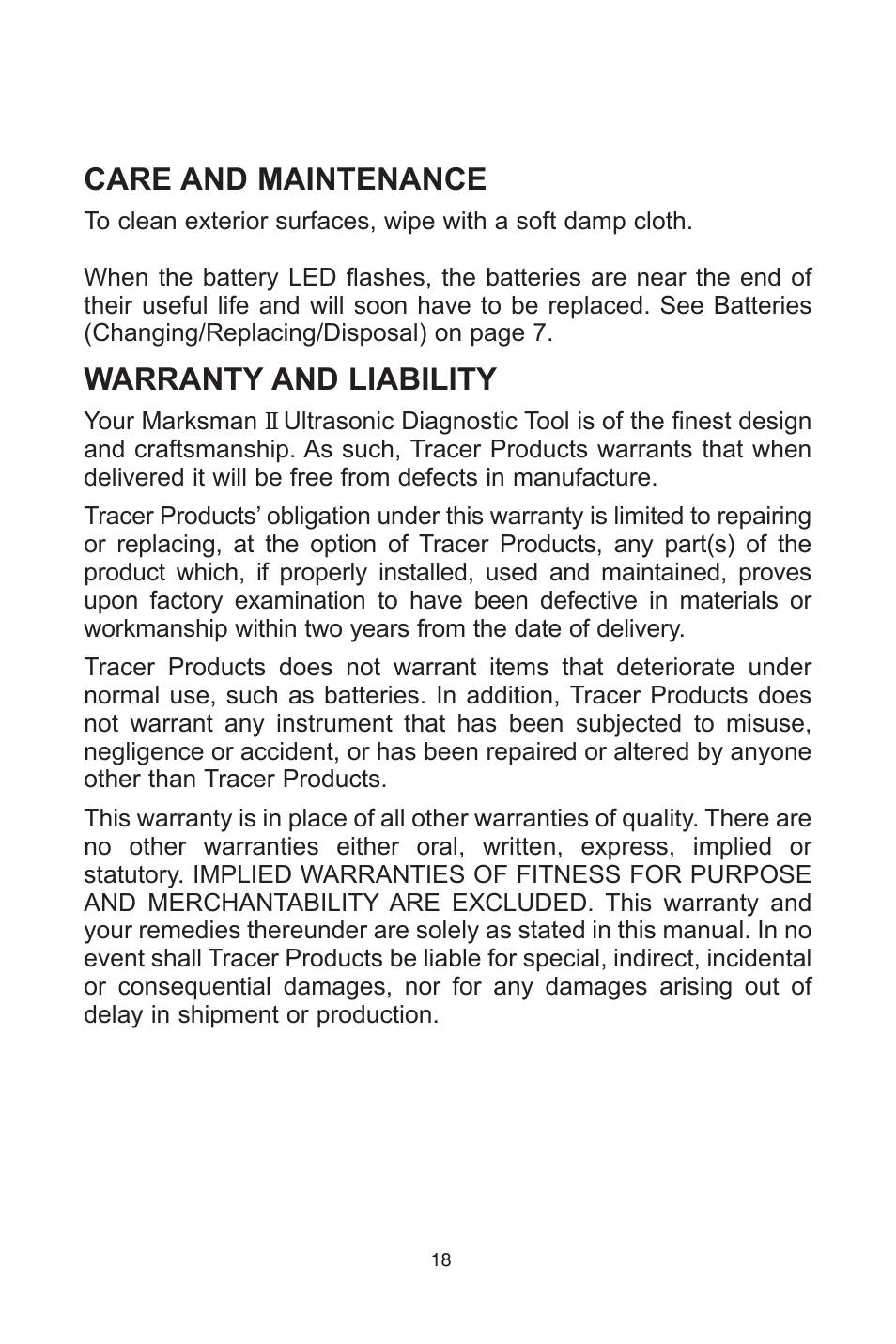 Care and maintenance, Warranty and liability | Tracer TP-9367 Marksman II AM12002 User Manual | Page 18 / 20