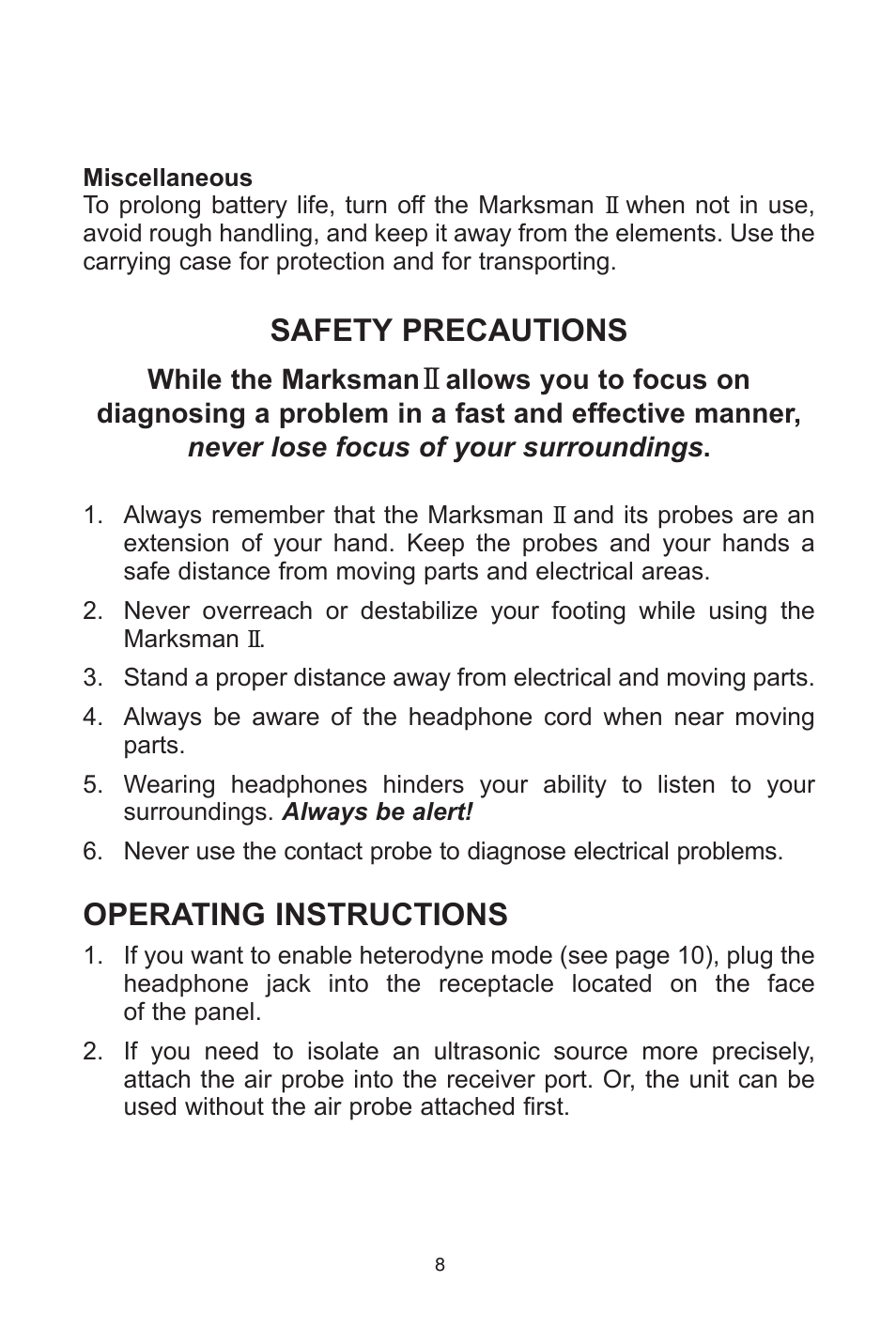 Safety precautions, Operating instructions | Tracer TP-9367 Marksman II AM12002 User Manual | Page 8 / 20