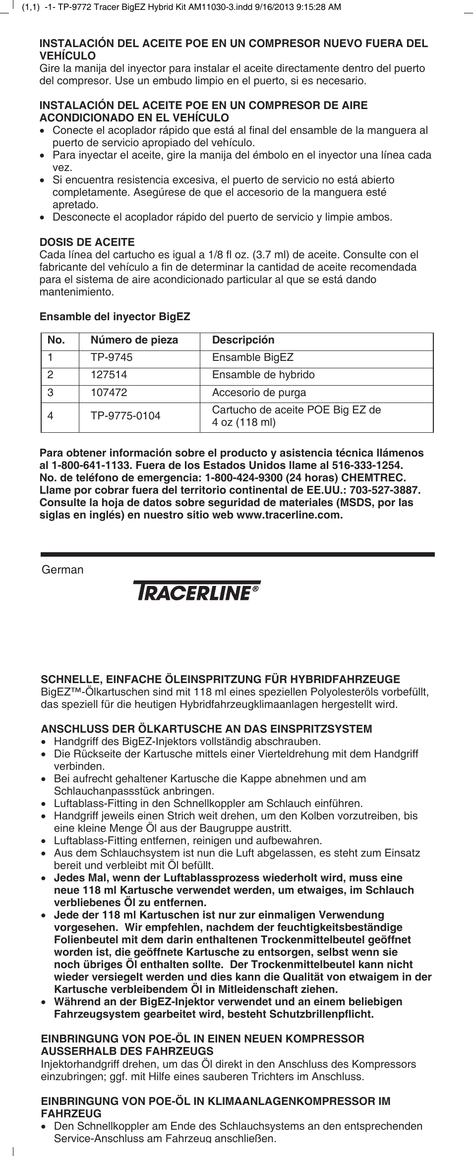 Tp-9772, Bigez™ poe-öl-einspritzset für hybridfahrzeuge | Tracer TP-9772 Tracer BigEZ Hybrid Kit M-L AM11030-3 User Manual | Page 3 / 4