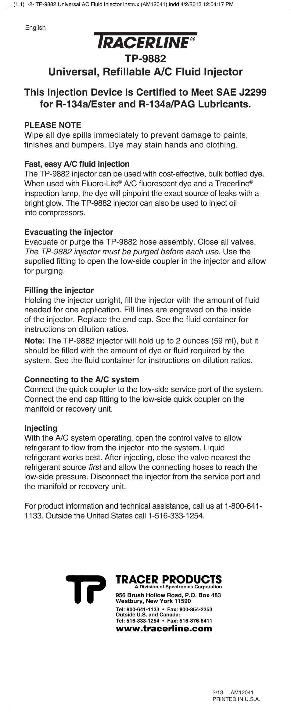 Tracer TP-9882 Universal AC Fluid Injector M-L AM12041 User Manual | 4 pages