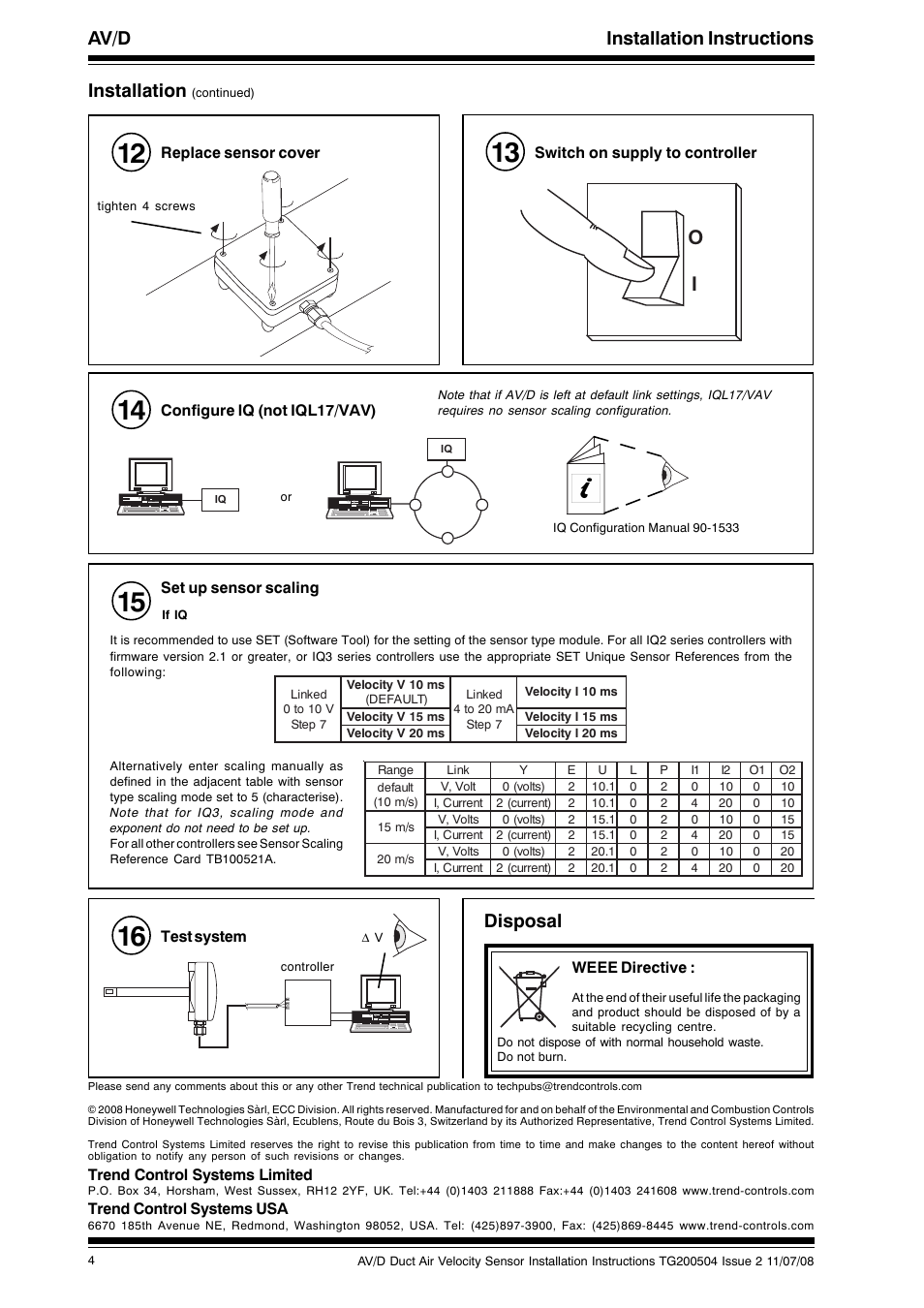 Av/d installation instructions, Installation, Disposal | Trend control systems limited, Trend control systems usa, Replace sensor cover, Switch on supply to controller, Configure iq (not iql17/vav), Set up sensor scaling, Test system | TREND AV_D User Manual | Page 4 / 4
