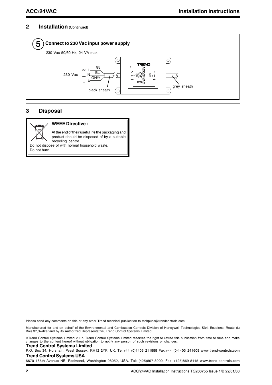 Acc/24vac installation instructions, 2installation, 3disposal | Trend control systems limited, Trend control systems usa, Weee directive, Connect to 230 vac input power supply | TREND ACC_24VAC User Manual | Page 2 / 2