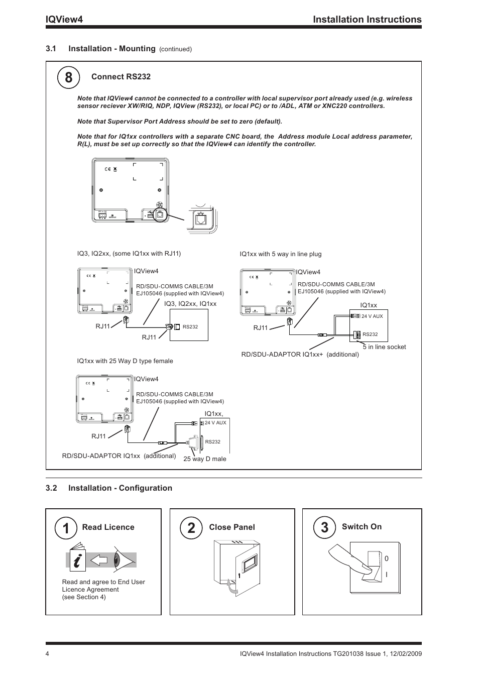 Iqview4 installation instructions, Read licence, Close panel switch on | Connect rs232, 1 installation - mounting, 2 installation - configuration | TREND iQView4 User Manual | Page 4 / 8