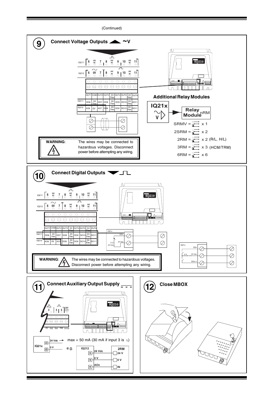 Iq21x installation instructions, 1 installation - mounting, I q 2 1 x | Connect voltage outputs, Additional relay modules, Connect digital outputs, Connect auxiliary output supply, Close mbox | TREND IQ21x User Manual | Page 4 / 12