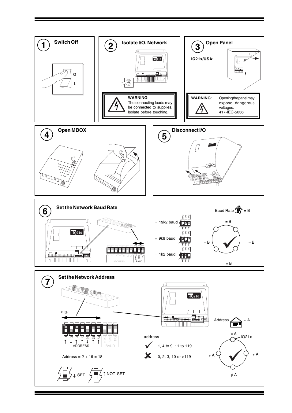 Installation instructions iq21x, 2 installation - configuration, Open panel | Switch off, Isolate i/o, network, Disconnect i/o, Set the network baud rate, Open mbox, Set the network address | TREND IQ21x User Manual | Page 5 / 12