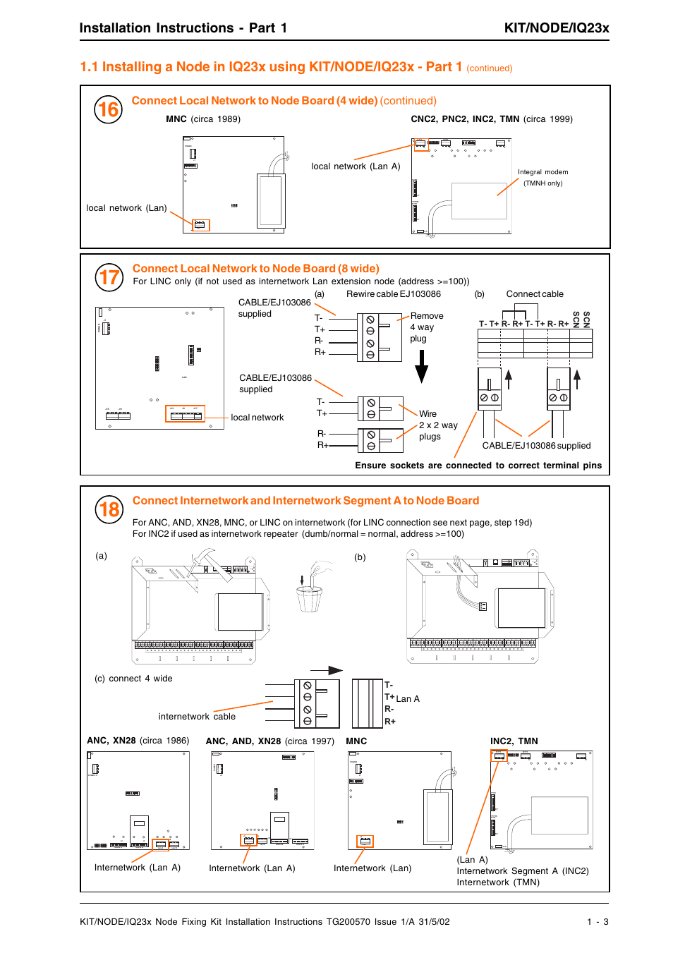Installation instructions - part 1 kit/node/iq23x, Connect local network to node board (8 wide), Continued) | T - r - r + t, Lan a | TREND KIT_NODE_IQ23x User Manual | Page 3 / 8