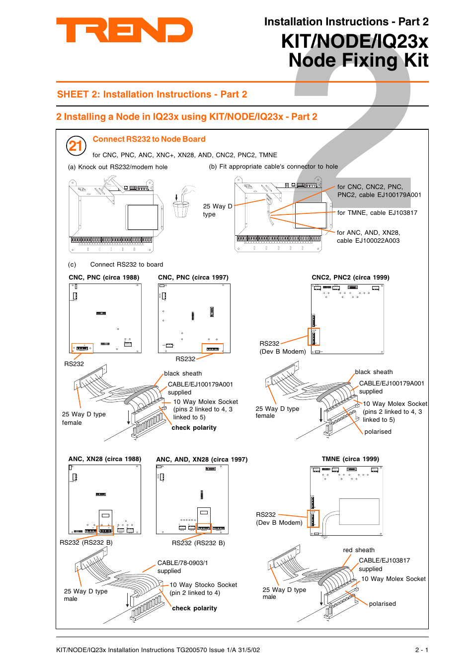Kit/node/iq23x node fixing kit, Installation instructions - part 2, Sheet 2: installation instructions - part 2 | Connect rs232 to node board | TREND KIT_NODE_IQ23x User Manual | Page 5 / 8