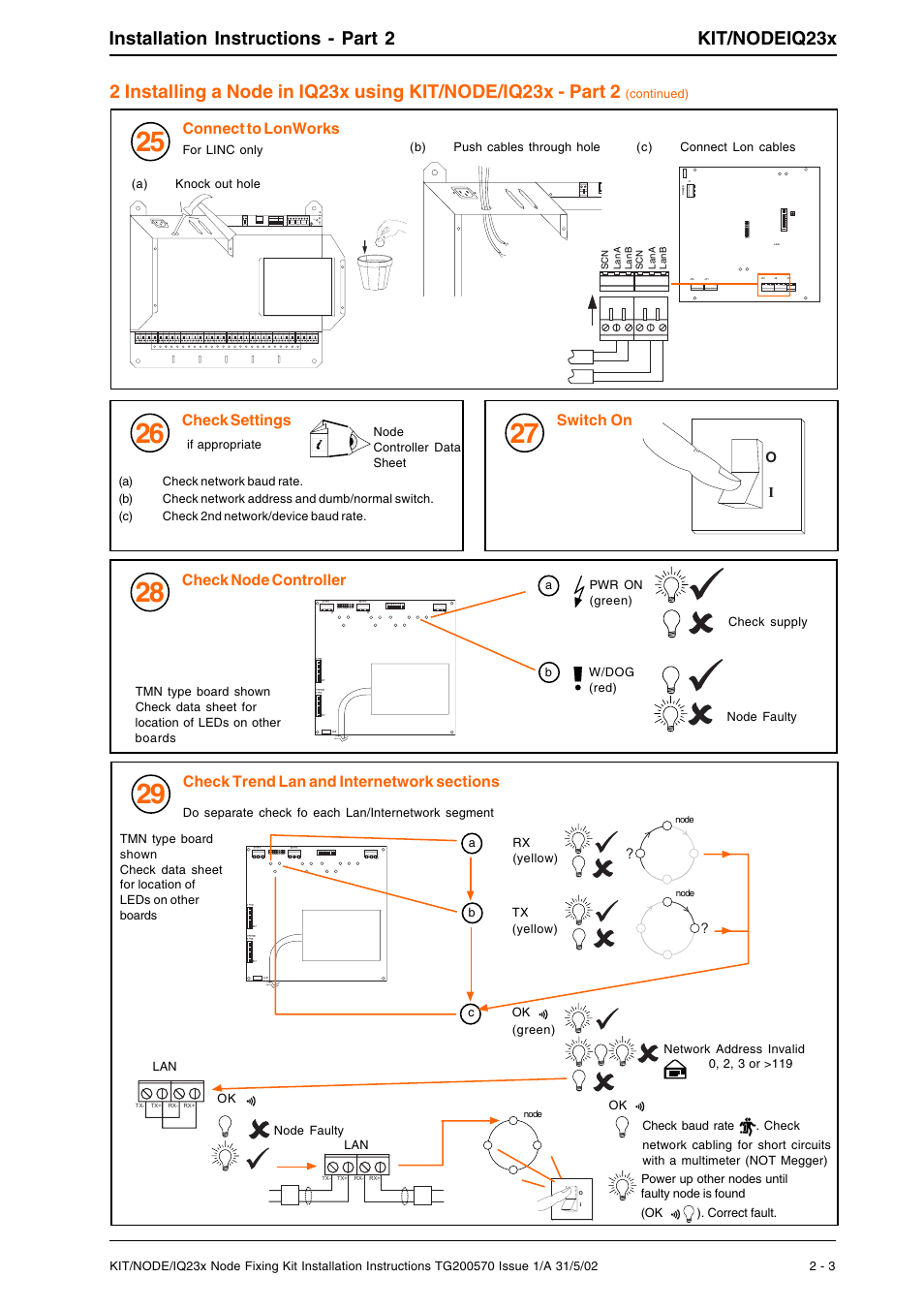 Installation instructions - part 2 kit/nodeiq23x, Connect to lonworks, Check settings | Switch on, Check node controller | TREND KIT_NODE_IQ23x User Manual | Page 7 / 8