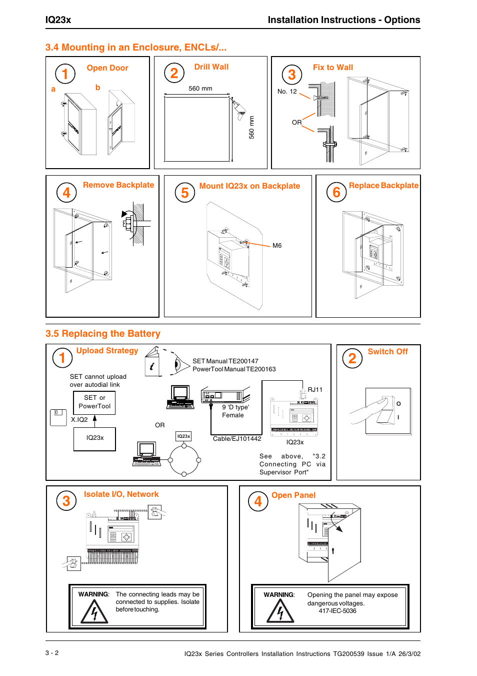 Iq23x installation instructions - options, 4 mounting in an enclosure, encls, 5 replacing the battery | TREND IQ23x User Manual | Page 10 / 36