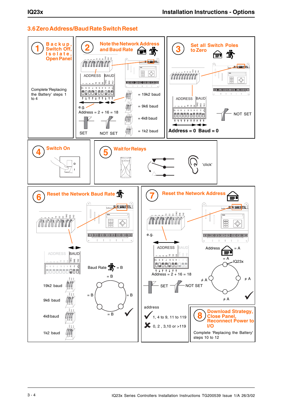 Iq23x installation instructions - options, 6 zero address/baud rate switch reset, Reset the network baud rate | Reset the network address, Set all switch poles to zero, Address = 0 baud = 0, Switch on, Wait for relays, Baud rate = b, Click | TREND IQ23x User Manual | Page 12 / 36