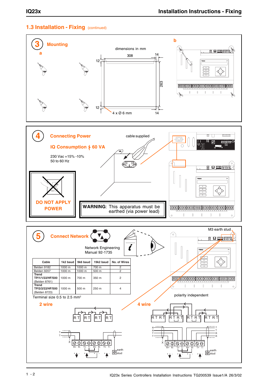 Iq23x installation instructions - fixing, 3 installation - fixing, Mounting | Connecting power, Connect network, Iq consumption > 60 va | TREND IQ23x User Manual | Page 2 / 36
