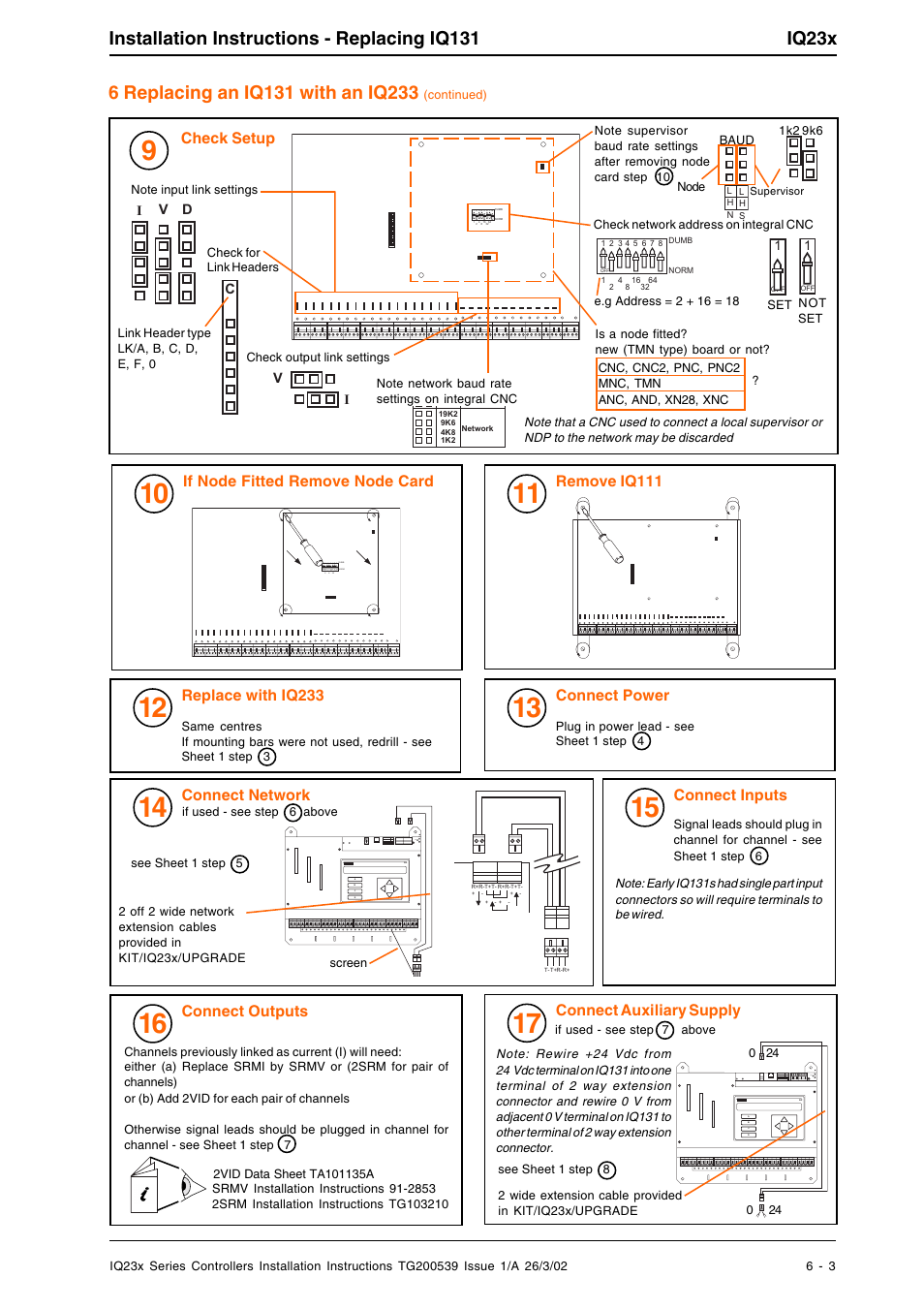 Check setup, If node fitted remove node card, Remove iq111 | Replace with iq233, Connect power, Connect network, Connect inputs, Connect outputs, Connect auxiliary supply | TREND IQ23x User Manual | Page 23 / 36